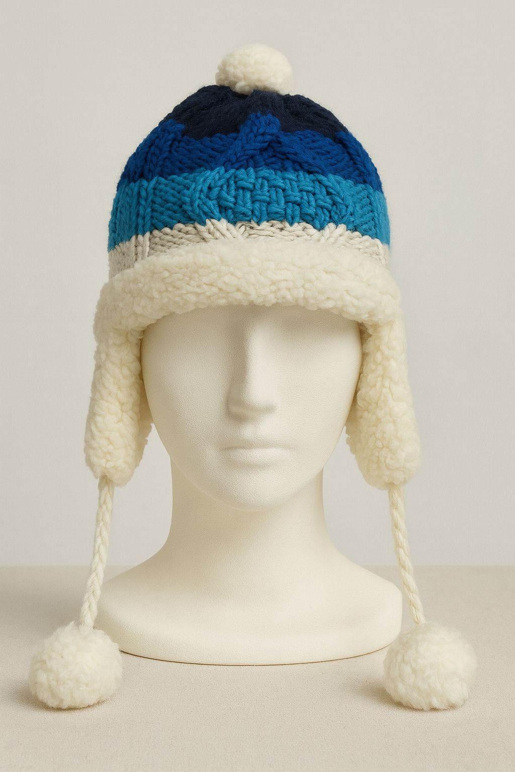 Chunky Knit Hat with Ear Flaps & Pom-Poms - New